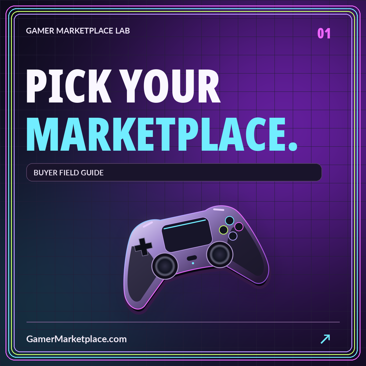 PICK YOUR MARKETPLACE. — buyer field guide neon cover with GamerMarketplace.com branding.