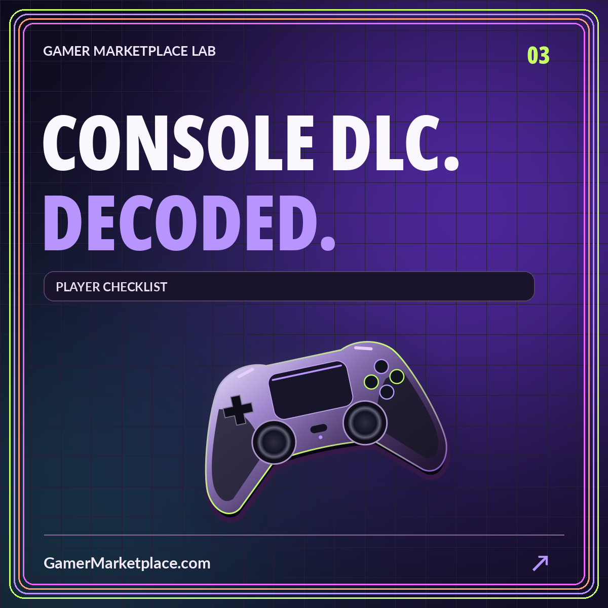 CONSOLE DLC. DECODED. — player checklist neon cover with GamerMarketplace.com branding.