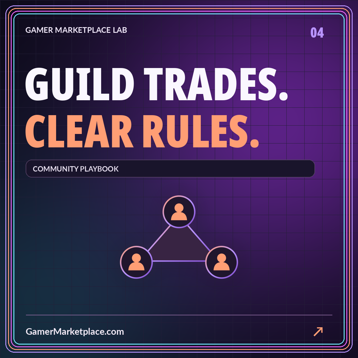 GUILD TRADES. CLEAR RULES. — community playbook neon cover with GamerMarketplace.com branding.