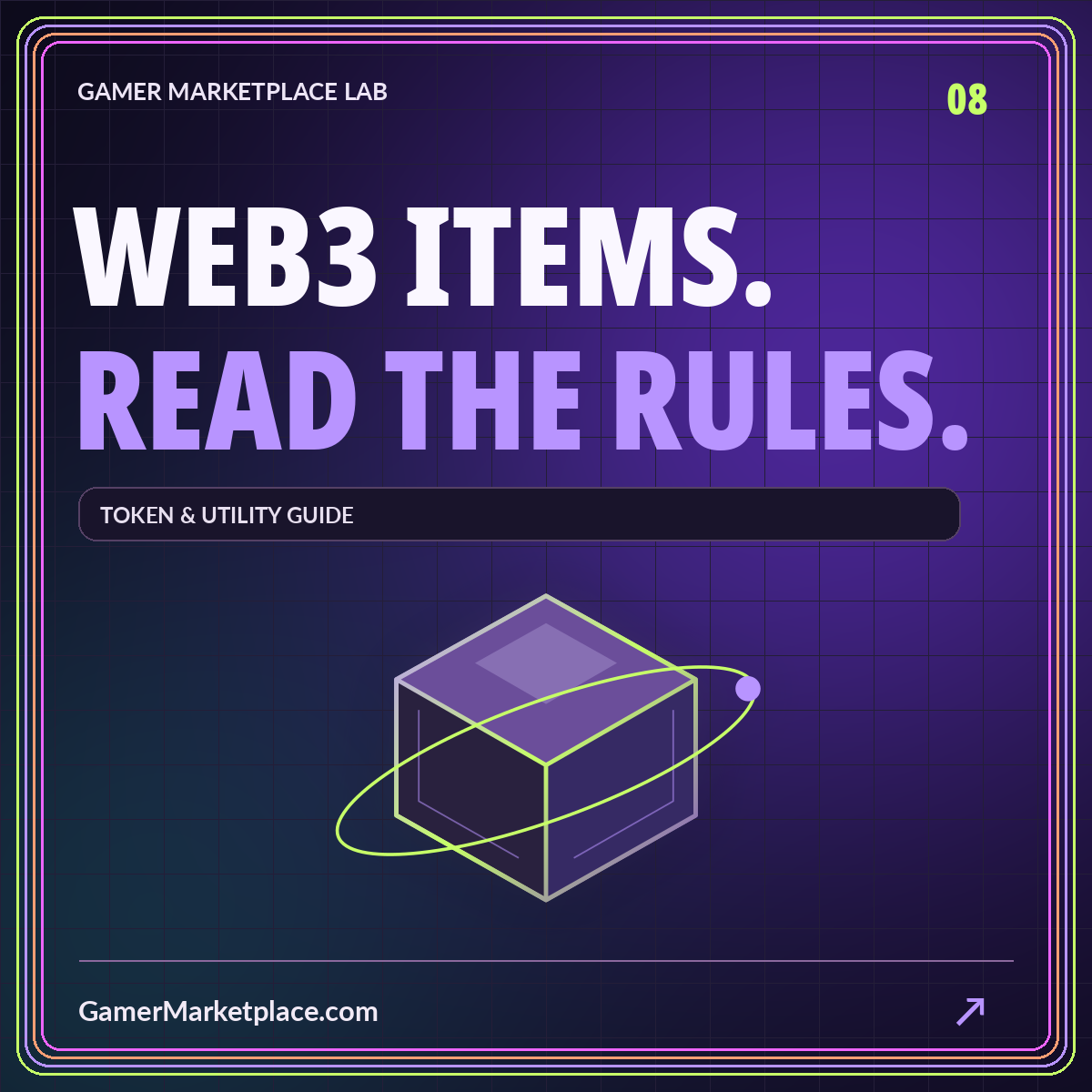 WEB3 ITEMS. READ THE RULES. — token & utility guide neon cover with GamerMarketplace.com branding.